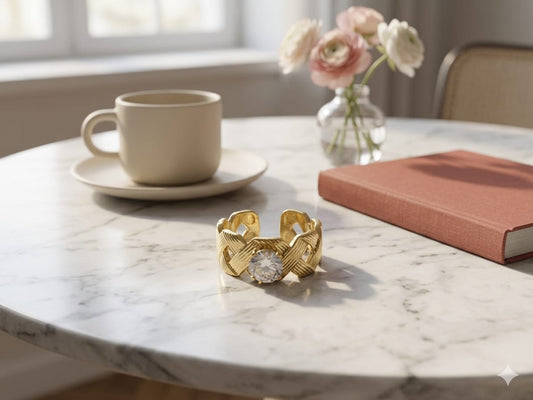 Luxury Gold Weave Ring for Women | Adjustable Crystal Statement Ring | Gold Plated Braided Band Ring | Elegant Fashion Jewelry Gift for Girls