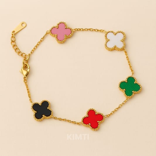 Luxury Clover Charm Bracelet for Women | Multicolor Gold Plated Lucky Clover Bracelet | Adjustable Designer Bracelet | Elegant Fashion Jewelry Gift for Girls