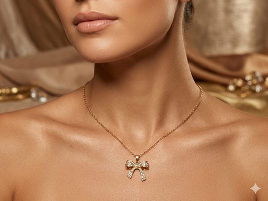 Luxury Gold Bow Pendant Necklace for Women | Gold Plated Ribbon Bow Necklace | Adjustable Minimalist Chain Necklace | Elegant Fashion Jewelry Gift for Girls