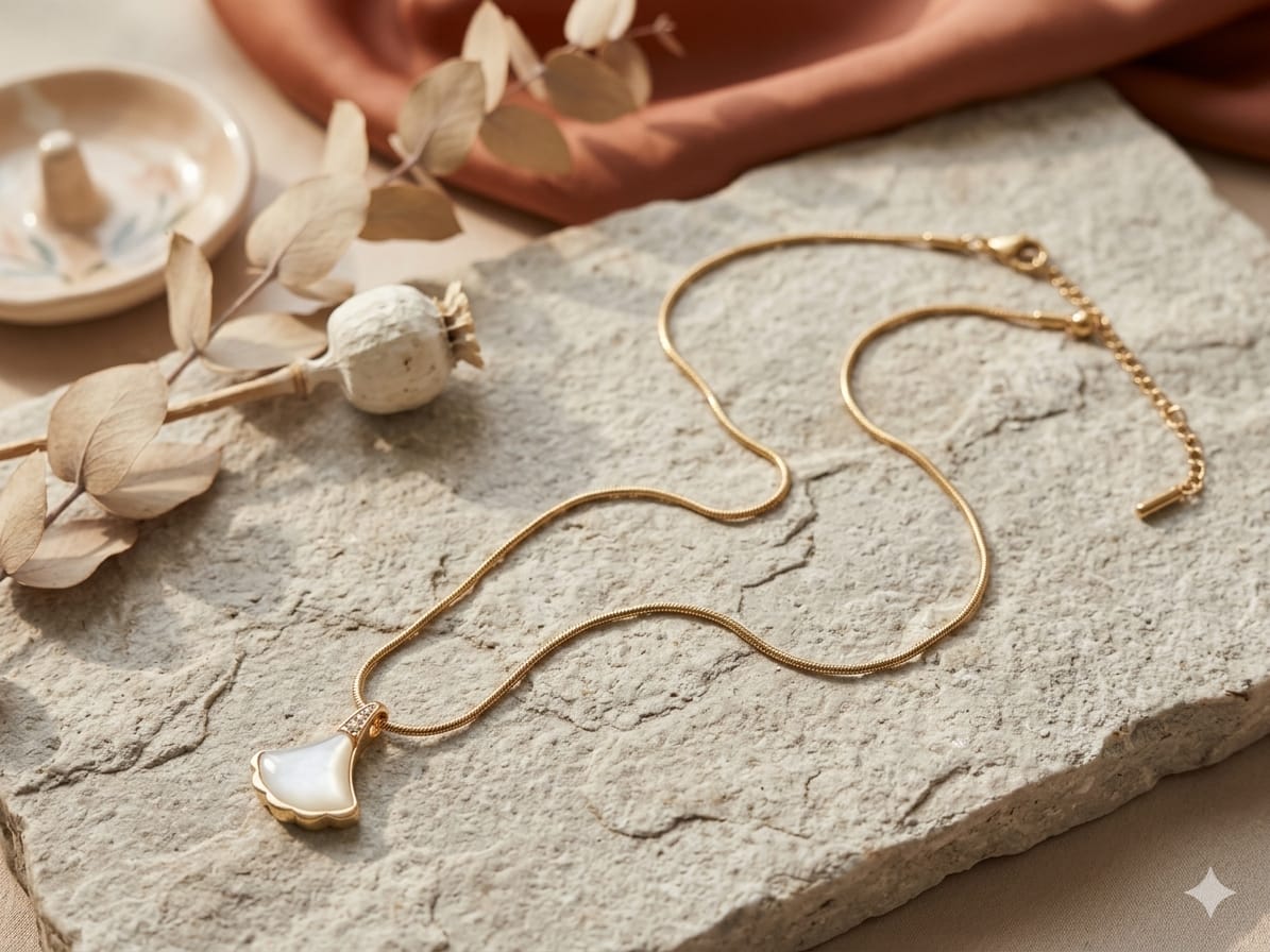 Luxury Fan Pendant Necklace for Women | Gold Plated White Shell Pendant Necklace | Adjustable Minimalist Chain Necklace | Elegant Fashion Jewelry Gift for Girls