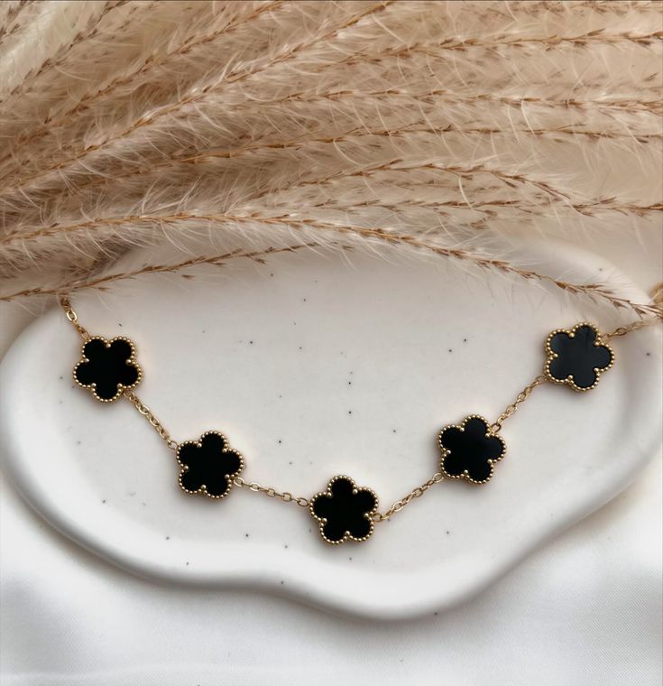 Luxury Black Clover Bracelet for Women | Gold Plated 5 Motif Lucky Clover Charm Bracelet | Elegant Adjustable Fashion Bracelet | Premium Jewelry Gift for Girls