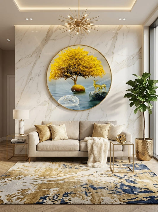 Golden Tree & Deer Design | Round Decorative Wall Art | Nature-Inspired Home Décor | Ideal for Living Room, Bedroom, Dining Room & Office