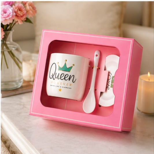 Queen Ceramic Coffee Mug Gift Set with Lid & Spoon | Premium Coffee Cup for Girls, Women, Wife, Sister, Friend | Birthday, Anniversary & Valentine's Gift