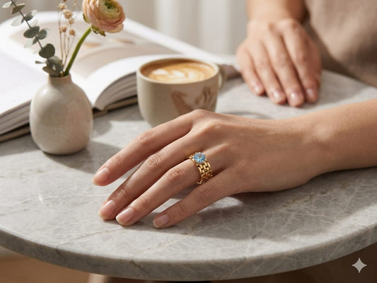 Luxury Gold Chain Ring for Women | Adjustable Statement Ring with Blue Cubic Zirconia Stone | Wide Band Gold Plated Ring | Trendy Fashion Jewelry for Girls