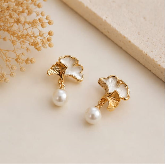 Luxury Gold Plated Ginkgo Leaf Pearl Drop Earrings for Women | Elegant Floral Stud Earrings | Korean Style Fashion Jewelry | Party & Gift Wear