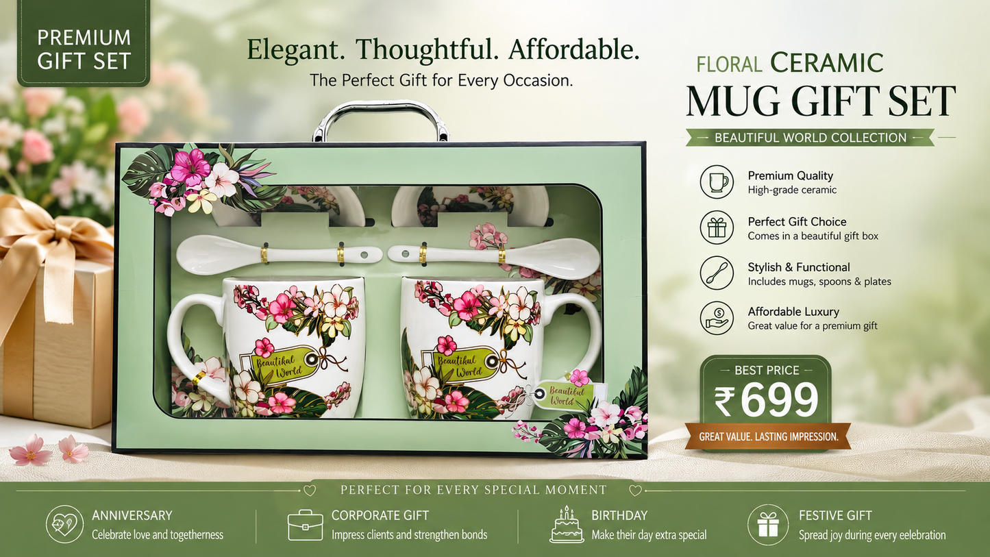 Floral Ceramic Coffee Mug Gift Set with Spoons | 2 Mug Premium Gift Hamper for Tea & Coffee Lovers