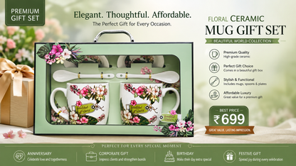 Floral Ceramic Coffee Mug Gift Set with Spoons | 2 Mug Premium Gift Hamper for Tea & Coffee Lovers