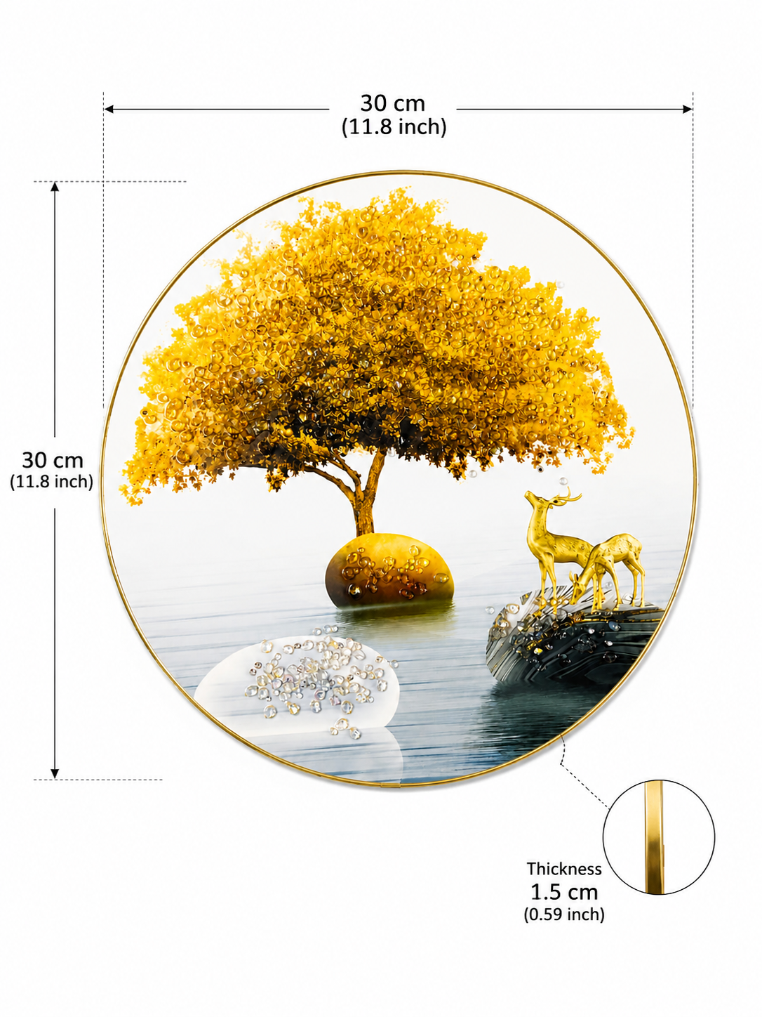 Golden Tree & Deer Design | Round Decorative Wall Art | Nature-Inspired Home Décor | Ideal for Living Room, Bedroom, Dining Room & Office