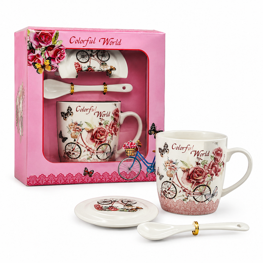 Premium Ceramic Mug with Lid & Spoon – Floral Bicycle Print Coffee & Tea Mug Gift Set | 350ml | Microwave & Daily Use Mug