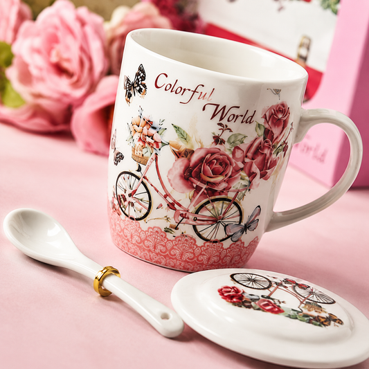 Premium Ceramic Mug with Lid & Spoon – Floral Bicycle Print Coffee & Tea Mug Gift Set | 350ml | Microwave & Daily Use Mug