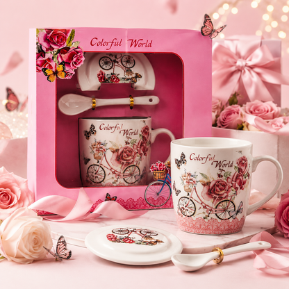 Premium Ceramic Mug with Lid & Spoon – Floral Bicycle Print Coffee & Tea Mug Gift Set | 350ml | Microwave & Daily Use Mug