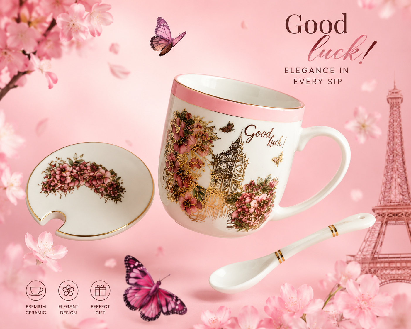 Premium Floral Ceramic Coffee Mug Gift Set with Lid & Spoon | Paris Eiffel Tower Printed Porcelain Tea Mug | Luxury Gift Box for Women, Girls, Birthday, Anniversary & Special Occasions | 400ml
