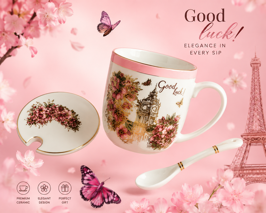 Premium Floral Ceramic Coffee Mug Gift Set with Lid & Spoon | Paris Eiffel Tower Printed Porcelain Tea Mug | Luxury Gift Box for Women, Girls, Birthday, Anniversary & Special Occasions | 400ml
