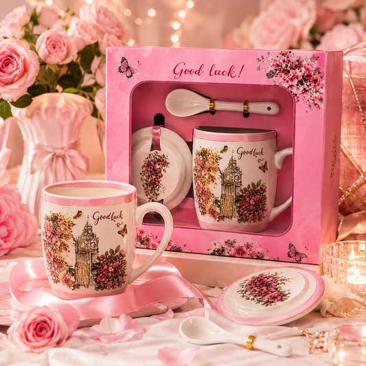 Premium Floral Ceramic Coffee Mug Gift Set with Lid & Spoon | Paris Eiffel Tower Printed Porcelain Tea Mug | Luxury Gift Box for Women, Girls, Birthday, Anniversary & Special Occasions | 400ml