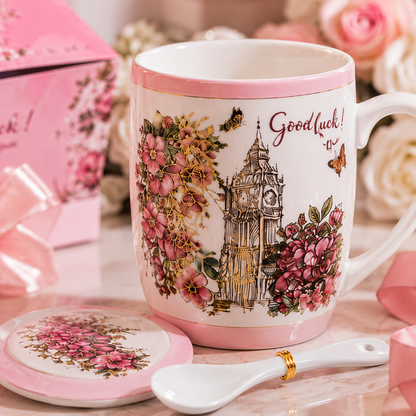 Premium Floral Ceramic Coffee Mug Gift Set with Lid & Spoon | Paris Eiffel Tower Printed Porcelain Tea Mug | Luxury Gift Box for Women, Girls, Birthday, Anniversary & Special Occasions | 400ml