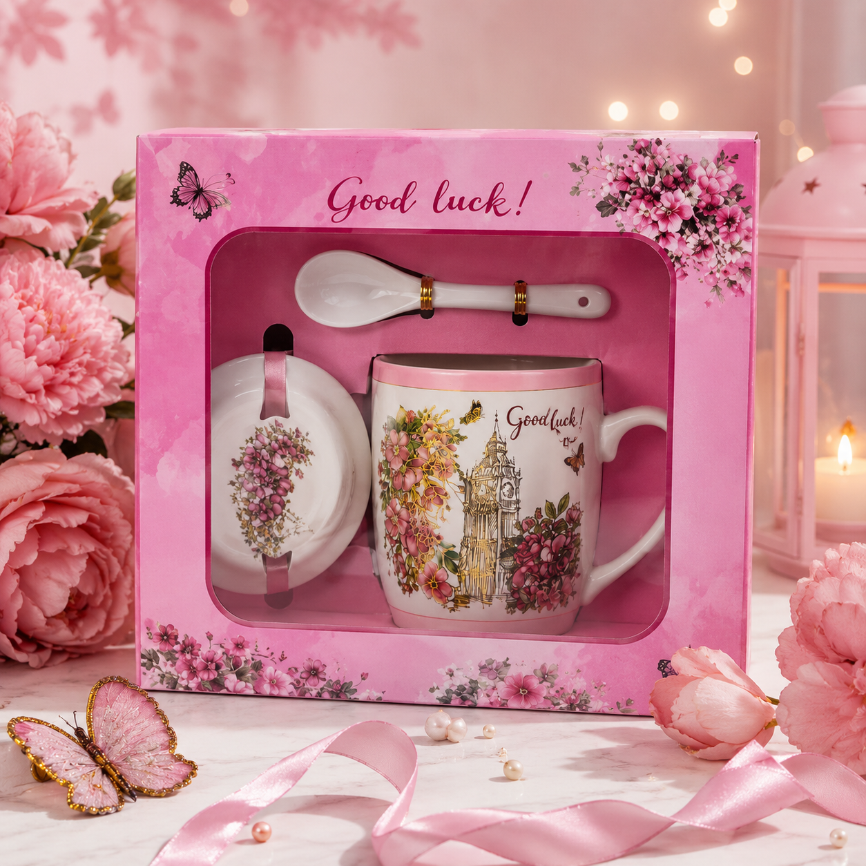 Premium Floral Ceramic Coffee Mug Gift Set with Lid & Spoon | Paris Eiffel Tower Printed Porcelain Tea Mug | Luxury Gift Box for Women, Girls, Birthday, Anniversary & Special Occasions | 400ml