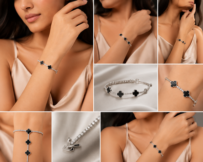 Black Clover Crystal Bracelet for Women | Elegant Silver-Plated Jewelry