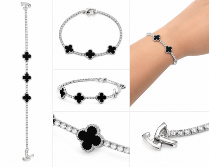 Black Clover Crystal Bracelet for Women | Elegant Silver-Plated Jewelry