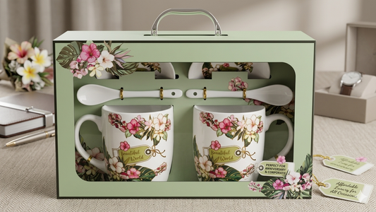 Floral Ceramic Coffee Mug Gift Set with Spoons | 2 Mug Premium Gift Hamper for Tea & Coffee Lovers