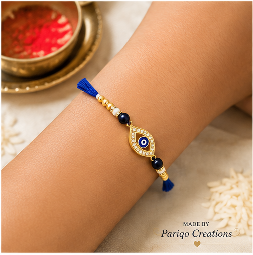 Evil Eye Rakhi for Brother set of 2 | Blue & Gold Pearl Rakhi with Adjustable Thread | Stylish Raksha Bandhan Gift for Brother