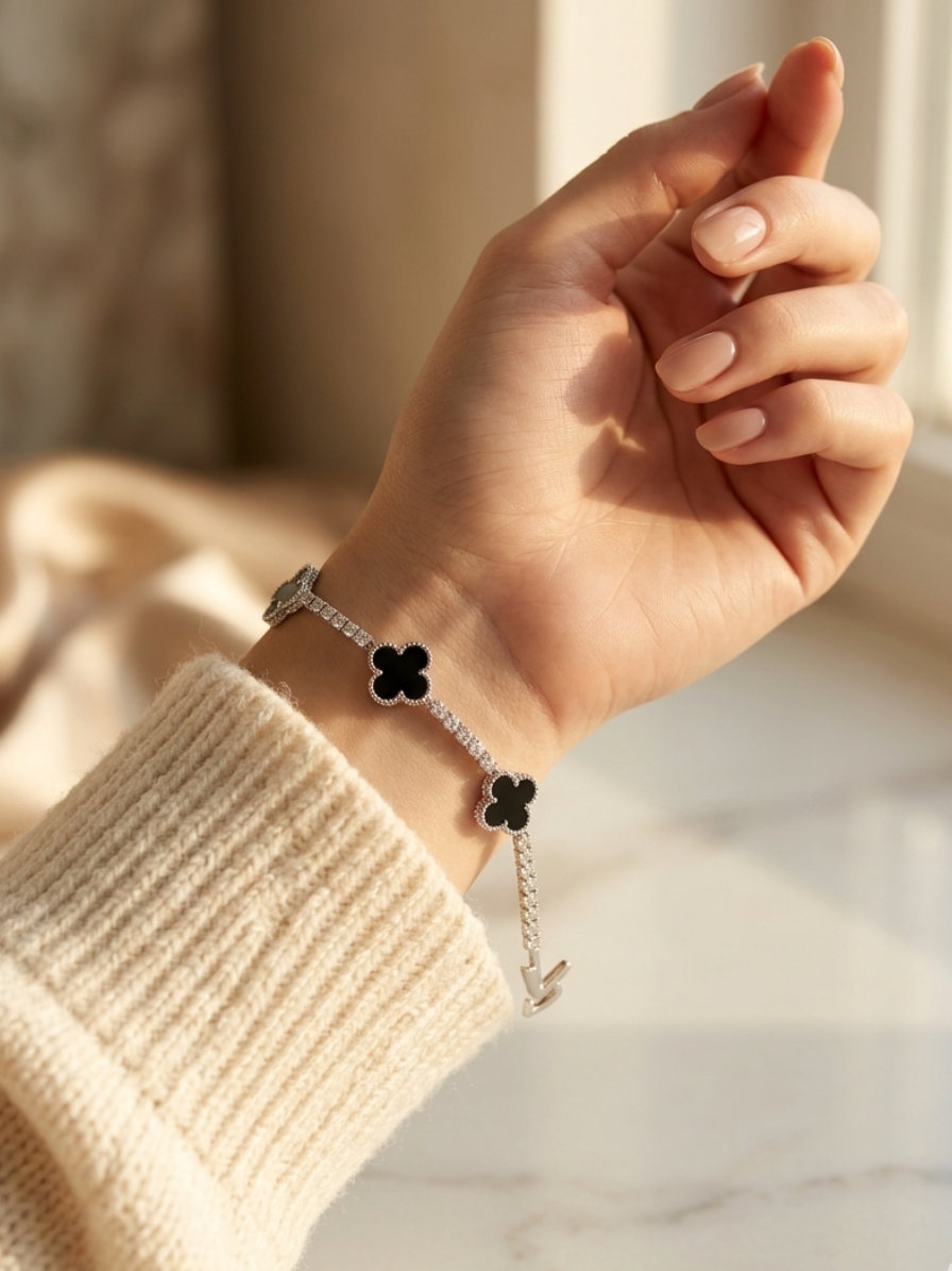 Black Clover Crystal Bracelet for Women | Elegant Silver-Plated Jewelry