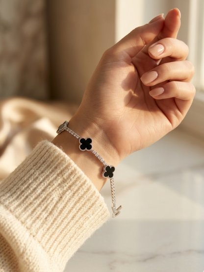 Black Clover Crystal Bracelet for Women | Elegant Silver-Plated Jewelry