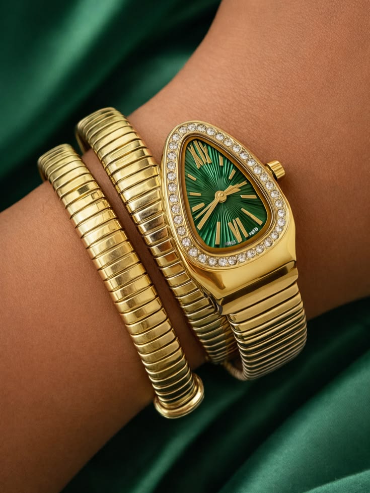 Women's Snake Wrap Bracelet Watch, Gold, Oval Dial with Diamond Bezel, Copper Strip Band, Spiral Crown