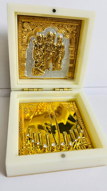 Ram Darbar Photo Frame,Pocket Temple with Charan Paduka, Gold Plated, Ram Parivar Photo Gift Box