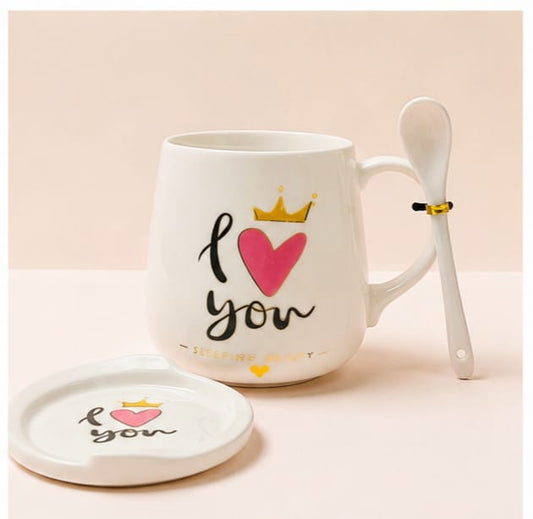 I Love You Ceramic Coffee Mug Gift Set with Lid & Spoon | Premium Tea Cup | Romantic Gift for Wife, Husband, Girlfriend, Boyfriend | Pink Gift Box