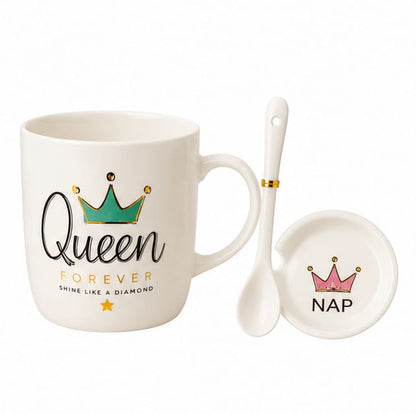 Queen Ceramic Coffee Mug Gift Set with Lid & Spoon | Premium Coffee Cup for Girls, Women, Wife, Sister, Friend | Birthday, Anniversary & Valentine's Gift