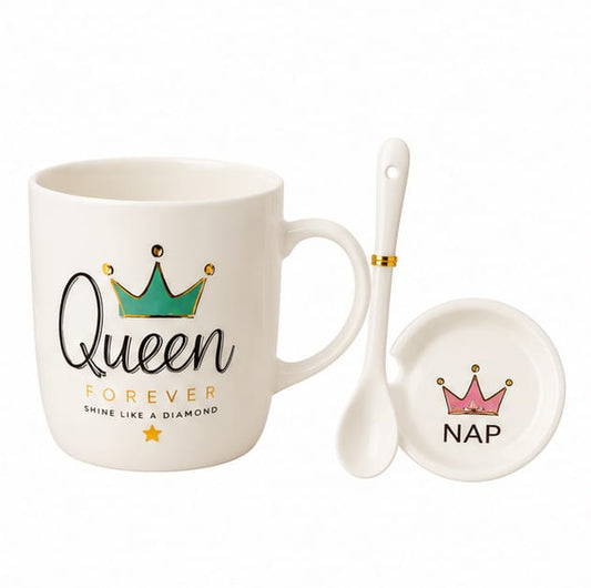 Queen Ceramic Coffee Mug Gift Set with Lid & Spoon | Premium Coffee Cup for Girls, Women, Wife, Sister, Friend | Birthday, Anniversary & Valentine's Gift
