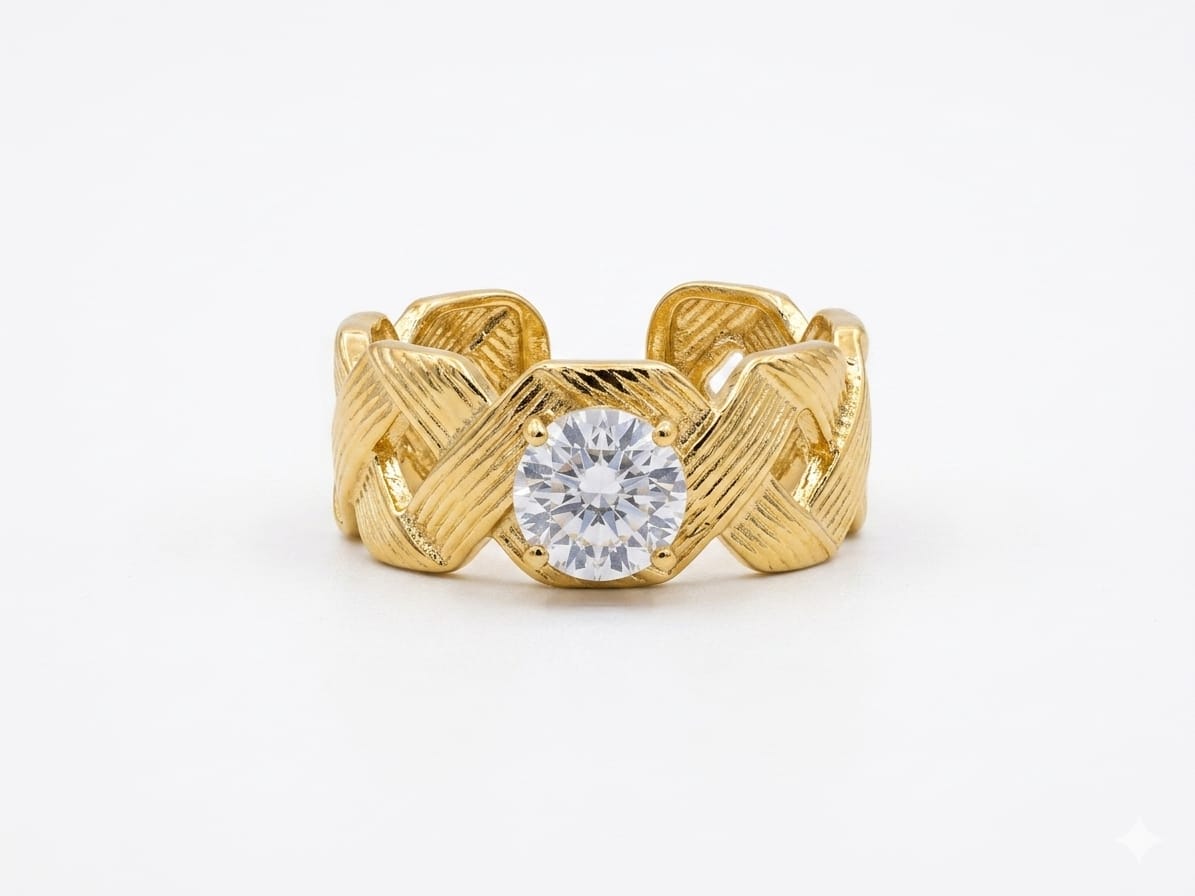 Luxury Gold Weave Ring for Women | Adjustable Crystal Statement Ring | Gold Plated Braided Band Ring | Elegant Fashion Jewelry Gift for Girls