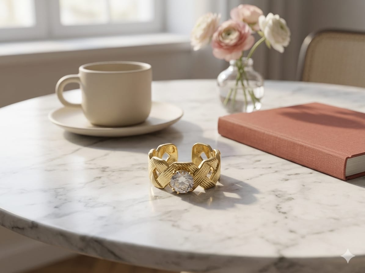 Luxury Gold Weave Ring for Women | Adjustable Crystal Statement Ring | Gold Plated Braided Band Ring | Elegant Fashion Jewelry Gift for Girls