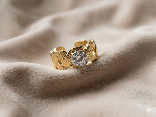 Luxury Gold Weave Ring for Women | Adjustable Crystal Statement Ring | Gold Plated Braided Band Ring | Elegant Fashion Jewelry Gift for Girls