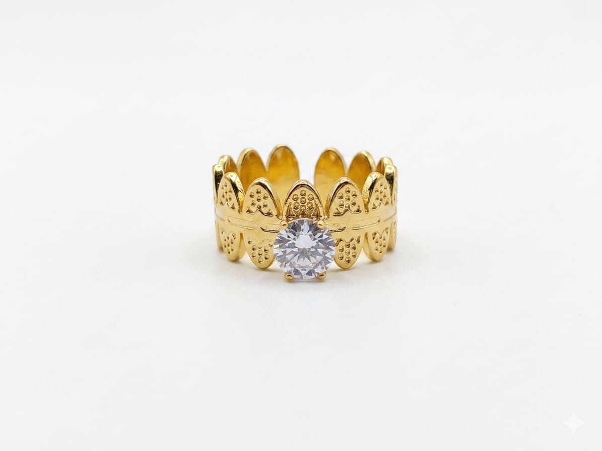 Luxury Crown Ring for Women | Gold Plated Adjustable Crystal Ring | Royal Statement Band Ring | Elegant Fashion Jewelry Gift for Girls