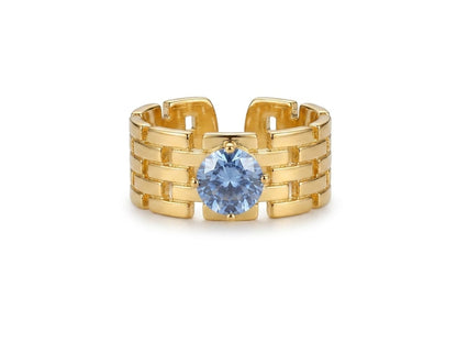 Luxury Gold Chain Ring for Women | Adjustable Statement Ring with Blue Cubic Zirconia Stone | Wide Band Gold Plated Ring | Trendy Fashion Jewelry for Girls