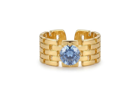 Luxury Gold Chain Ring for Women | Adjustable Statement Ring with Blue Cubic Zirconia Stone | Wide Band Gold Plated Ring | Trendy Fashion Jewelry for Girls