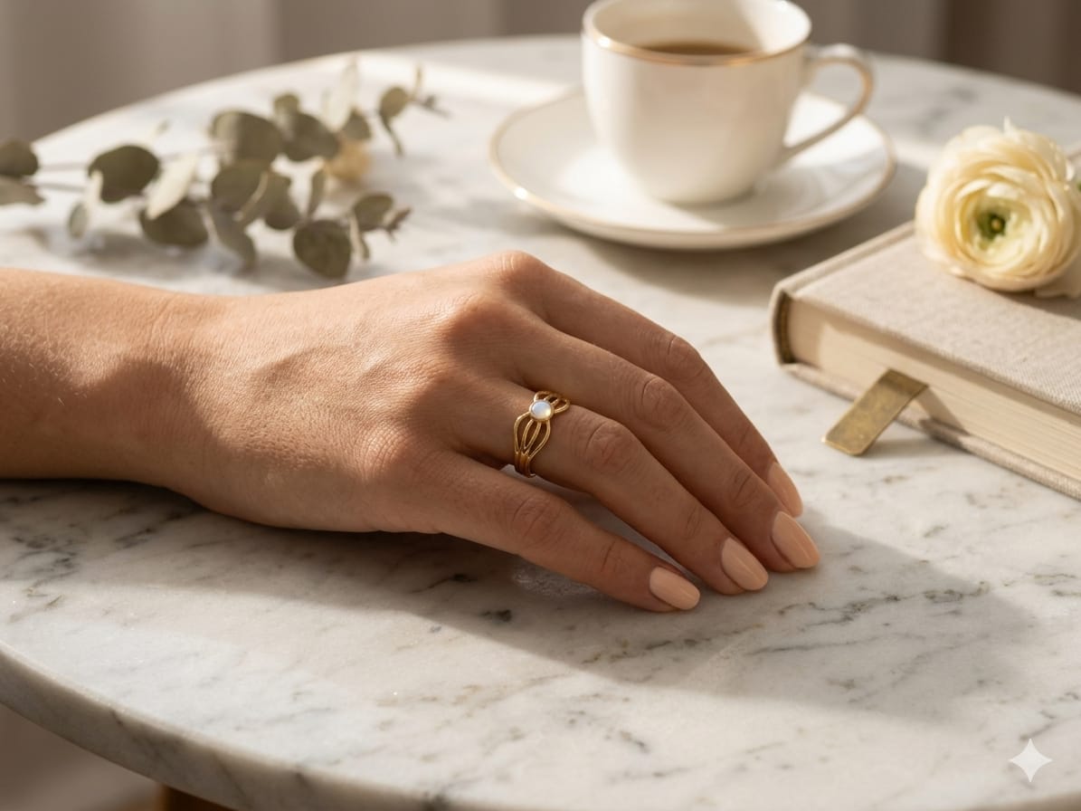 Moonstone Gold Ring for Women | Adjustable Open Ring with Natural Moonstone | Minimalist Gold Plated Statement Ring | Elegant Fashion Jewelry Gift for Girls