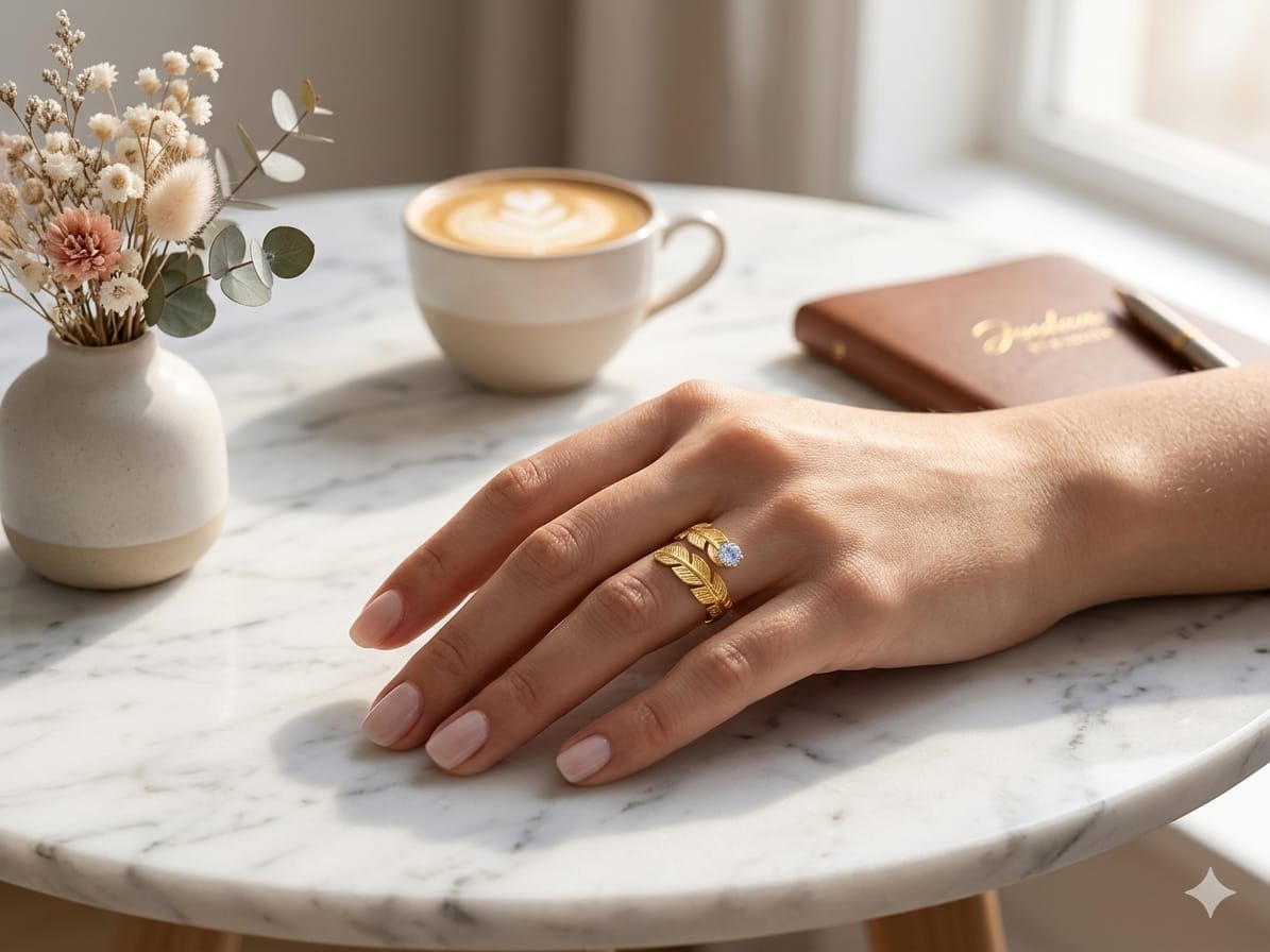 Gold Leaf Adjustable Ring for Women | Crystal Leaf Wrap Ring | Gold Plated Open Finger Ring | Elegant Fashion Jewelry Gift for Girls