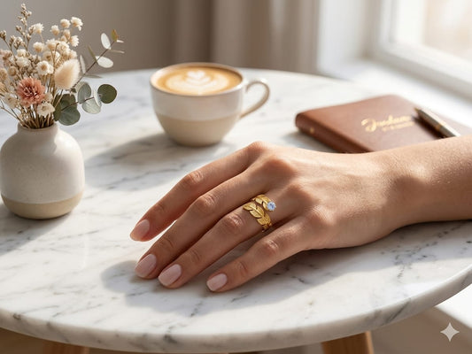 Gold Leaf Adjustable Ring for Women | Crystal Leaf Wrap Ring | Gold Plated Open Finger Ring | Elegant Fashion Jewelry Gift for Girls