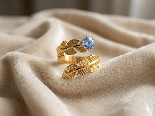 Gold Leaf Adjustable Ring for Women | Crystal Leaf Wrap Ring | Gold Plated Open Finger Ring | Elegant Fashion Jewelry Gift for Girls