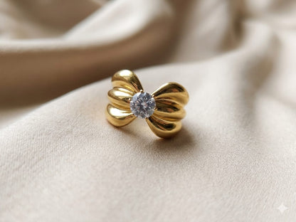 Luxury Gold Bow Ring for Women | Adjustable Statement Ring with Premium Cubic Zirconia Crystal | Elegant Fashion Ring for Girls | Minimalist Gift Jewelry