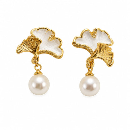 Luxury Gold Plated Ginkgo Leaf Pearl Drop Earrings for Women | Elegant Floral Stud Earrings | Korean Style Fashion Jewelry | Party & Gift Wear