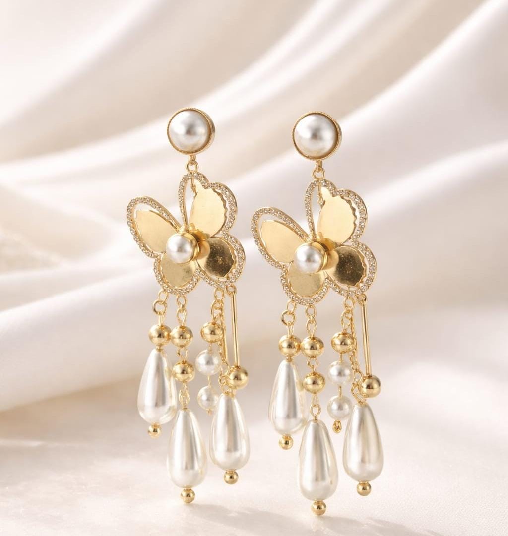 Luxury Gold Butterfly Pearl Drop Earrings for Women | Elegant Floral Dangle Earrings with Pearl Tassels | Korean Style Statement Jewelry for Party, Wedding & Gifting
