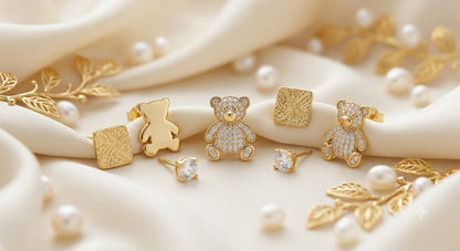 Gold Plated Teddy Bear Stud Earrings for Women Girls | Sparkling Crystal Ear Tops | Cute Minimal Daily Wear Earrings | Gift for Birthday Anniversary