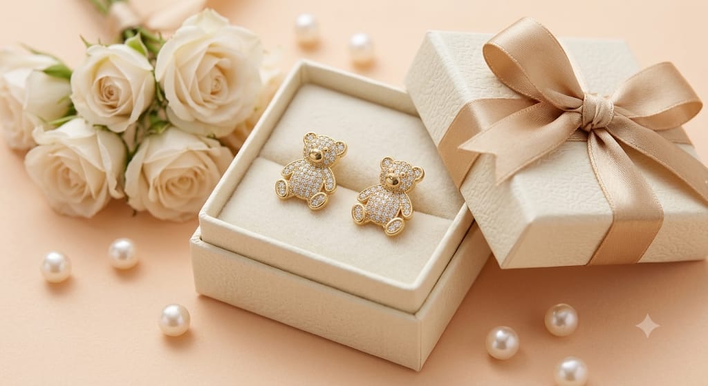 Gold Plated Teddy Bear Stud Earrings for Women Girls | Sparkling Crystal Ear Tops | Cute Minimal Daily Wear Earrings | Gift for Birthday Anniversary