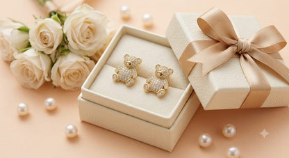 Gold Plated Teddy Bear Stud Earrings for Women Girls | Sparkling Crystal Ear Tops | Cute Minimal Daily Wear Earrings | Gift for Birthday Anniversary