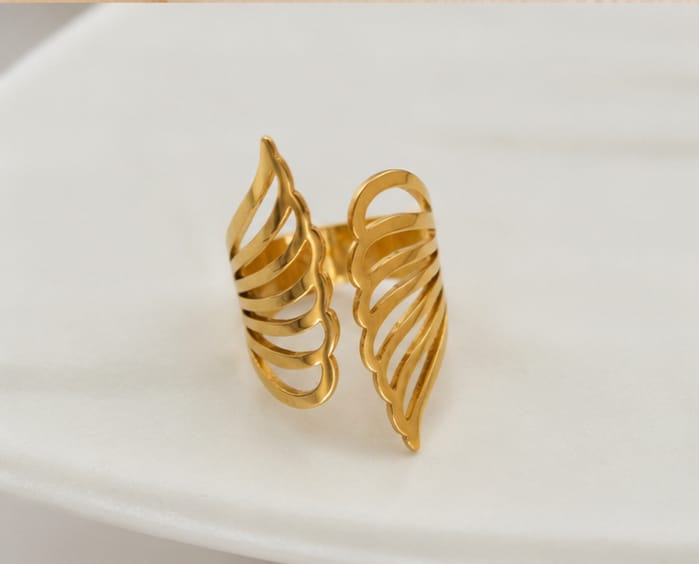 Gold Angel Wing Adjustable Ring for Women | Elegant Open Band Statement Ring | Trendy Fashion Jewelry | Gift for Girls & Women