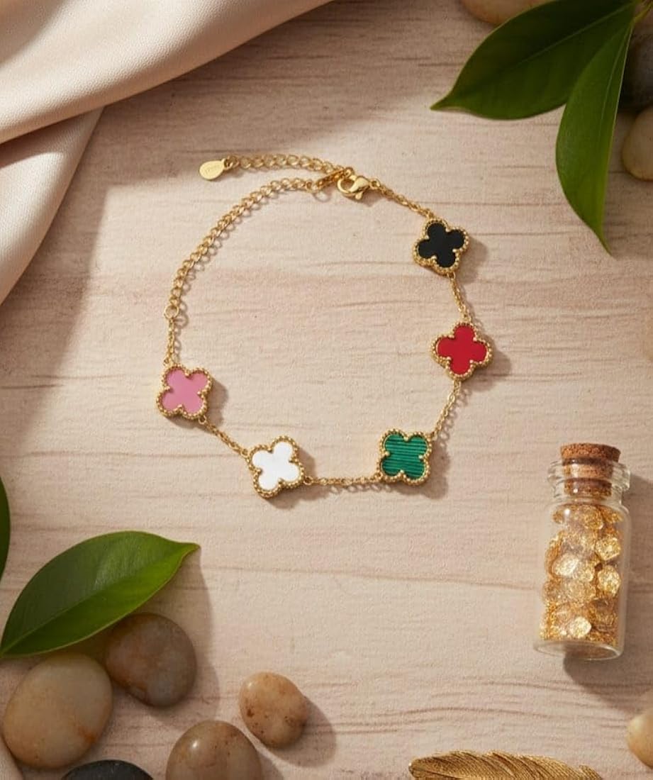 Luxury Clover Charm Bracelet for Women | Multicolor Gold Plated Lucky Clover Bracelet | Adjustable Designer Bracelet | Elegant Fashion Jewelry Gift for Girls