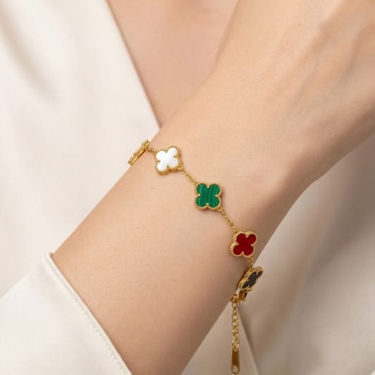 Luxury Clover Charm Bracelet for Women | Multicolor Gold Plated Lucky Clover Bracelet | Adjustable Designer Bracelet | Elegant Fashion Jewelry Gift for Girls